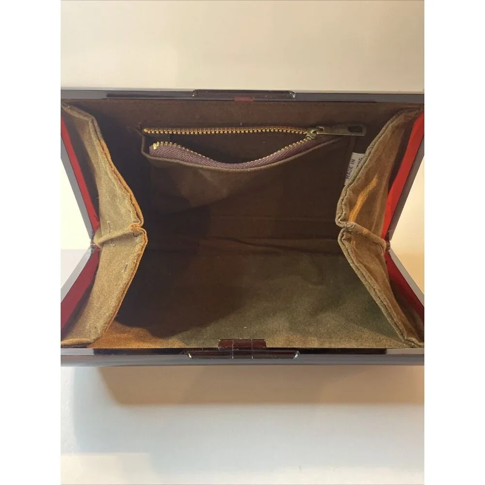 Vintage Plastic Clutch Purse Hand‎ Bag Made In Hong Kong Brown Gold Tone  EL5
